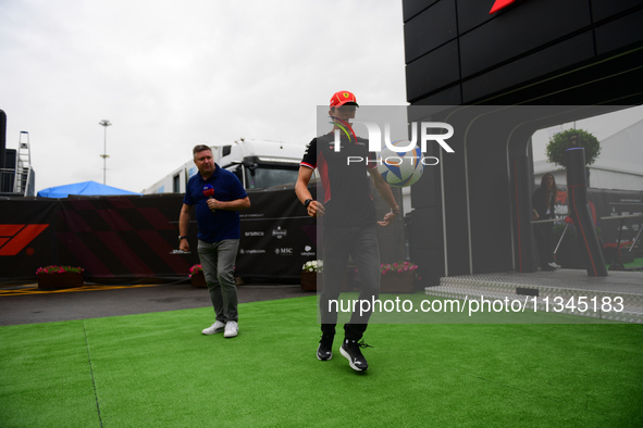 Oliver Bearman of Haas Formula 1 Team is arriving into the paddock during Thursday media day of the Spanish GP, the 10th round of the Formul...