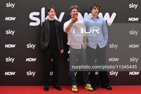 Elia Nuzzolo, Sydney Sibilia, and Matteo Giuggioli are attending the Photocall SKY Program at Barberini Palace in Rome, Italy, on July 19, 2...