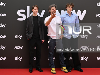 Elia Nuzzolo, Sydney Sibilia, and Matteo Giuggioli are attending the Photocall SKY Program at Barberini Palace in Rome, Italy, on July 19, 2...