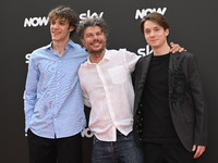 Matteo Giuggioli, Sydney Sibilia, and Elia Nuzzolo are attending the Photocall SKY Program at Barberini Palace in Rome, Italy, on July 19, 2...