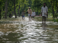 People are wading through a flooded street in Companiganj, Sylhet, Bangladesh, on June 20, 2024. In Sylhet, lashing rain and rivers swollen...