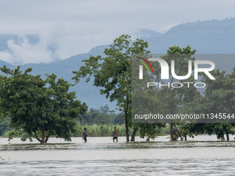 People are wading through a flooded street in Companiganj, Sylhet, Bangladesh, on June 20, 2024. In Sylhet, lashing rain and rivers swollen...