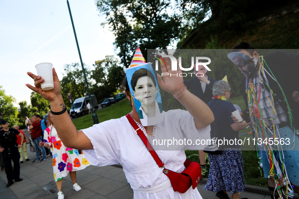 Activists are protesting against Jaroslaw Kaczynski's monthly arrival in front of the entrance to Wawel Castle in Krakow, Poland, on June 18...