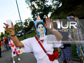 Activists are protesting against Jaroslaw Kaczynski's monthly arrival in front of the entrance to Wawel Castle in Krakow, Poland, on June 18...