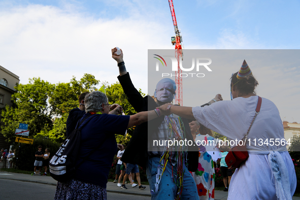 Activists are protesting against Jaroslaw Kaczynski's monthly arrival in front of the entrance to Wawel Castle in Krakow, Poland, on June 18...