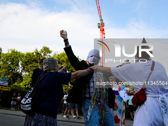 Activists are protesting against Jaroslaw Kaczynski's monthly arrival in front of the entrance to Wawel Castle in Krakow, Poland, on June 18...