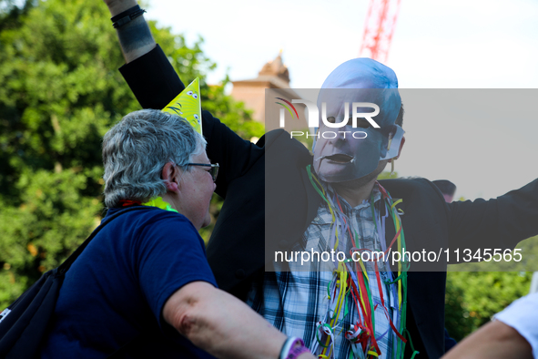 Activists are protesting against Jaroslaw Kaczynski's monthly arrival in front of the entrance to Wawel Castle in Krakow, Poland, on June 18...