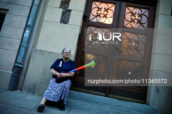 Activists are protesting against Jaroslaw Kaczynski's monthly arrival in front of the PiS regional office in Krakow, Poland, on June 18, 202...