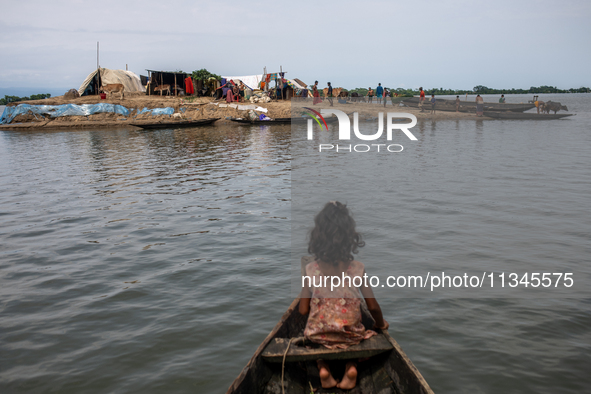 Local residents are taking temporary shelter in elevated areas during flooding in Companiganj, Sylhet, Bangladesh, on Thursday, June 20, 202...