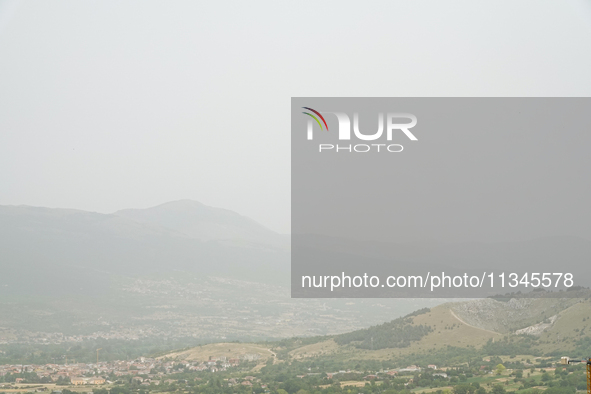 A hazy landscape is seen in L’Aquila, Italy, on June 20th, 2024. High atmospheric pressure from Africa (african anticyclone) is generating a...