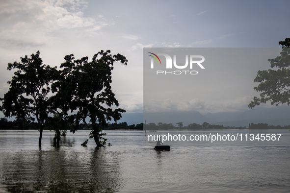 A child is riding a raft in floodwater in Companiganj, Sylhet, Bangladesh, on Thursday, June 20, 2024. In Sylhet, lashing rain and rivers sw...