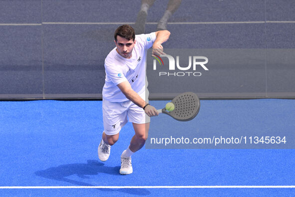 Victor Ruiz and Lucas Bergamini are competing in the Round of 16 of the BNL Italy Major Premier Padel at Foro Italico in Rome, Italy, on Jul...