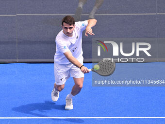 Victor Ruiz and Lucas Bergamini are competing in the Round of 16 of the BNL Italy Major Premier Padel at Foro Italico in Rome, Italy, on Jul...