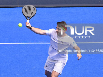 Victor Ruiz and Lucas Bergamini are competing in the Round of 16 of the BNL Italy Major Premier Padel at Foro Italico in Rome, Italy, on Jul...