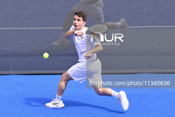 Victor Ruiz and Lucas Bergamini are competing in the Round of 16 of the BNL Italy Major Premier Padel at Foro Italico in Rome, Italy, on Jul...