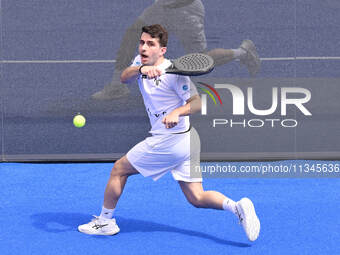 Victor Ruiz and Lucas Bergamini are competing in the Round of 16 of the BNL Italy Major Premier Padel at Foro Italico in Rome, Italy, on Jul...