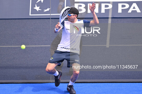 Victor Ruiz and Lucas Bergamini are competing in the Round of 16 of the BNL Italy Major Premier Padel at Foro Italico in Rome, Italy, on Jul...