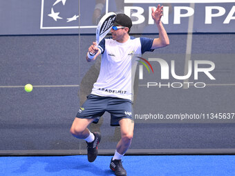 Victor Ruiz and Lucas Bergamini are competing in the Round of 16 of the BNL Italy Major Premier Padel at Foro Italico in Rome, Italy, on Jul...