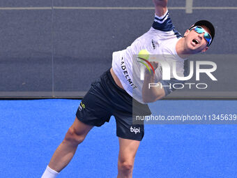 Victor Ruiz and Lucas Bergamini are competing in the Round of 16 of the BNL Italy Major Premier Padel at Foro Italico in Rome, Italy, on Jul...