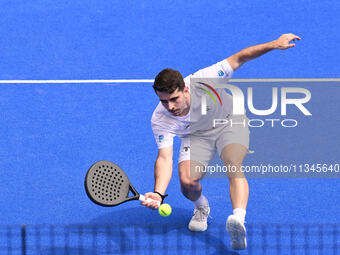 Victor Ruiz and Lucas Bergamini are competing in the Round of 16 of the BNL Italy Major Premier Padel at Foro Italico in Rome, Italy, on Jul...