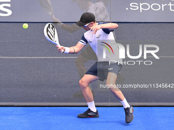 Victor Ruiz and Lucas Bergamini are competing in the Round of 16 of the BNL Italy Major Premier Padel at Foro Italico in Rome, Italy, on Jul...