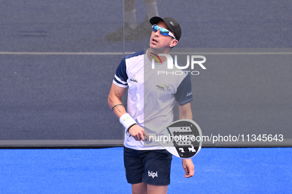 Victor Ruiz and Lucas Bergamini are competing in the Round of 16 of the BNL Italy Major Premier Padel at Foro Italico in Rome, Italy, on Jul...