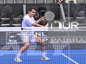 Victor Ruiz and Lucas Bergamini are competing in the Round of 16 of the BNL Italy Major Premier Padel at Foro Italico in Rome, Italy, on Jul...