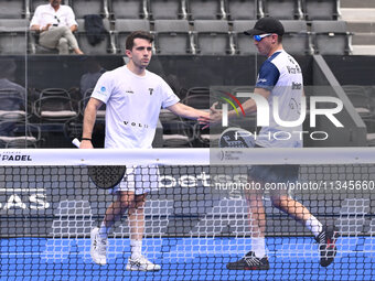 Victor Ruiz and Lucas Bergamini are competing in the Round of 16 of the BNL Italy Major Premier Padel at Foro Italico in Rome, Italy, on Jul...