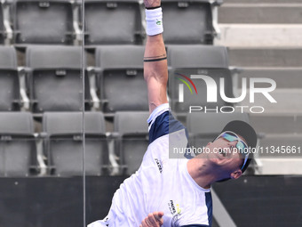 Victor Ruiz and Lucas Bergamini are competing in the Round of 16 of the BNL Italy Major Premier Padel at Foro Italico in Rome, Italy, on Jul...