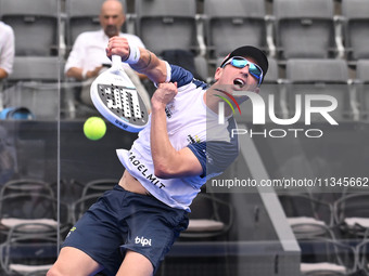 Victor Ruiz and Lucas Bergamini are competing in the Round of 16 of the BNL Italy Major Premier Padel at Foro Italico in Rome, Italy, on Jul...