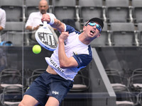 Victor Ruiz and Lucas Bergamini are competing in the Round of 16 of the BNL Italy Major Premier Padel at Foro Italico in Rome, Italy, on Jul...