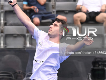 Victor Ruiz and Lucas Bergamini are competing in the Round of 16 of the BNL Italy Major Premier Padel at Foro Italico in Rome, Italy, on Jul...