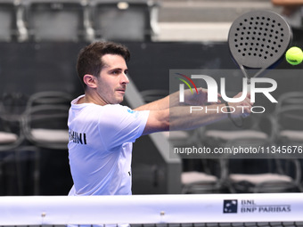 Victor Ruiz and Lucas Bergamini are competing in the Round of 16 of the BNL Italy Major Premier Padel at Foro Italico in Rome, Italy, on Jul...