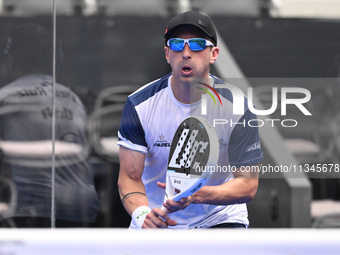 Victor Ruiz and Lucas Bergamini are competing in the Round of 16 of the BNL Italy Major Premier Padel at Foro Italico in Rome, Italy, on Jul...