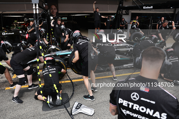 Mercedes mechanics practice pit stop ahead of the Formula 1 Spanish Grand Prix at Circuit de Barcelona-Catalunya in Barcelona, Spain on June...