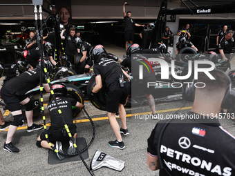 Mercedes mechanics practice pit stop ahead of the Formula 1 Spanish Grand Prix at Circuit de Barcelona-Catalunya in Barcelona, Spain on June...