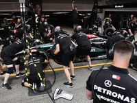 Mercedes mechanics practice pit stop ahead of the Formula 1 Spanish Grand Prix at Circuit de Barcelona-Catalunya in Barcelona, Spain on June...