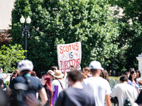 About a dozen pro-life activists are gathering outside the US Supreme Court in Washington, DC, on June 20, 2024, as they await a decision in...