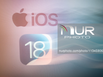 The Apple logo and the iOS 18 operating system logo are seen in this illustration photo (longexposure photo) taken in L’Aquila, Italy, on Ju...