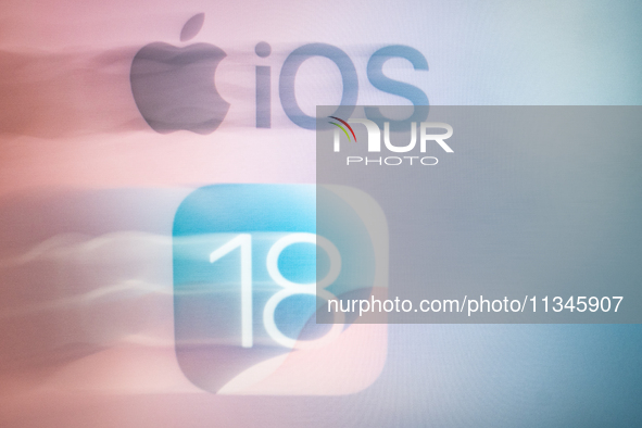 The Apple logo and the iOS 18 operating system logo are seen in this illustration photo (longexposure photo) taken in L’Aquila, Italy, on Ju...