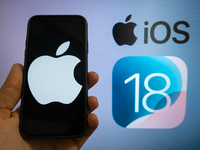 The Apple logo is seen with the iOS 18 operating system logo in the background on a mobile device in this illustration photo taken in L’Aqui...