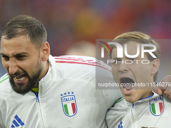 Gianluigi Donnarumma goalkeeper of Italy and Paris Saint-Germain and Nicolo Barella central midfield of Italy and Inter Milan prior the UEFA...