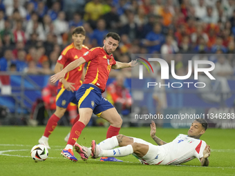 Aymeric Laporte centre-back of Spain and Al-Nassr FC and Gianluca Scamacca centre-forward of Italy and Atalanta BC  compete for the ball dur...