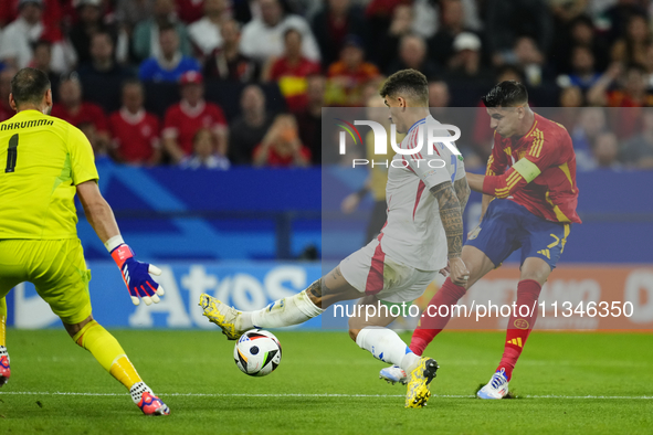 Alvaro Morata centre-forward of Spain and Atletico de Madrid shooting to goal during the UEFA EURO 2024 group stage match between Spain and...