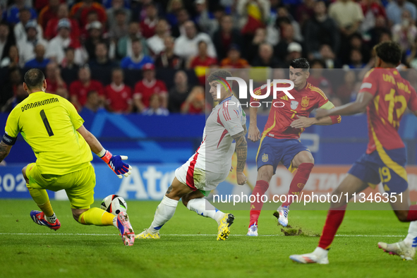 Alvaro Morata centre-forward of Spain and Atletico de Madrid shooting to goal during the UEFA EURO 2024 group stage match between Spain and...