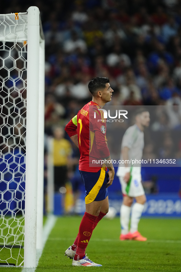 Alvaro Morata centre-forward of Spain and Atletico de Madrid lament a failed occasion during the UEFA EURO 2024 group stage match between Sp...