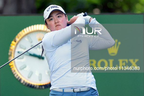 Allisen Corpuz of Kapolei, Hawaii hits from the 18th tee during the first round of the KPMG Women's PGA Championship at Sahalee Country Club...