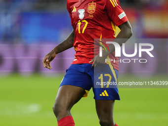 Nico Williams left winger of Spain and Athletic Club Bilbao controls the ball during the UEFA EURO 2024 group stage match between Spain and...