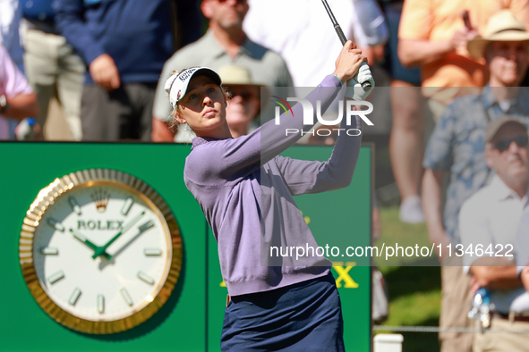 Nelly Korda of Bradenton, Florida hits from the 17th tee during the first round of the KPMG Women's PGA Championship at Sahalee Country Club...