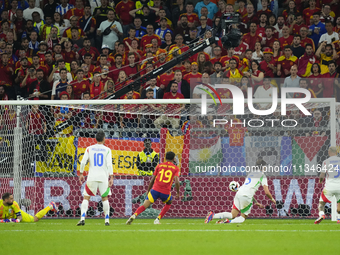 Riccardo Calafiori centre-back of Italy and Bologna FC 1909 own goal during the UEFA EURO 2024 group stage match between Spain and Italy at...